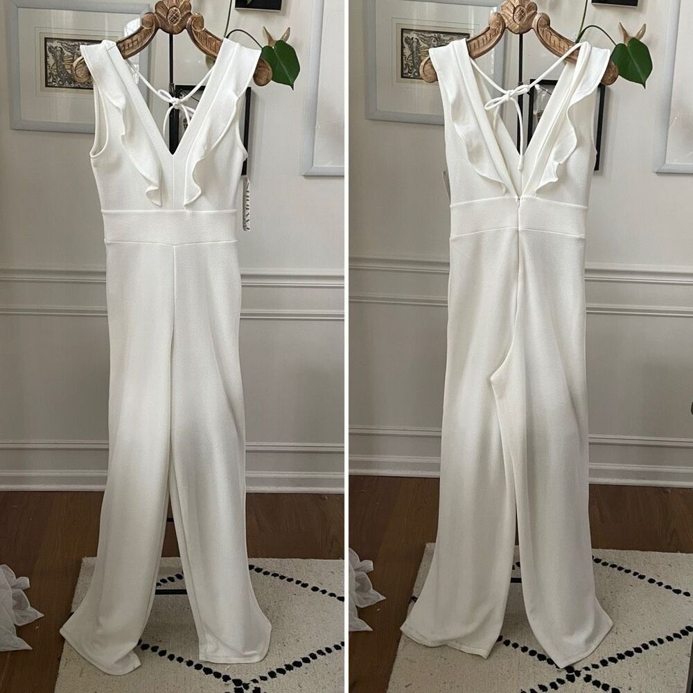 NWT Almost Famous White Crepe Ruffle Jumpsuit M L
